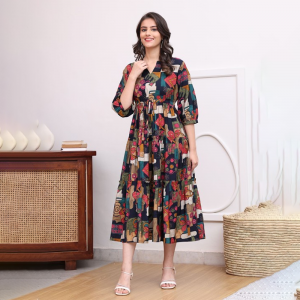 Women Abstract Printed Mandarin Collar A-Line Dress