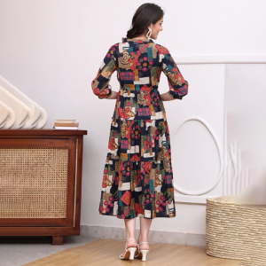 Women Abstract Printed Mandarin Collar A-Line Dress