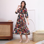 Women Abstract Printed Mandarin Collar A-Line Dress